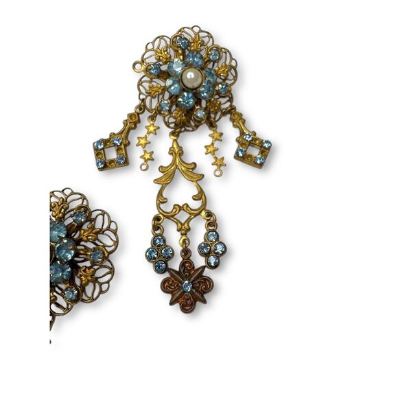 Vintage Filigree Dangle Brooch Earrings Set Blue Rhinestones Pierced - Picture 3 of 8